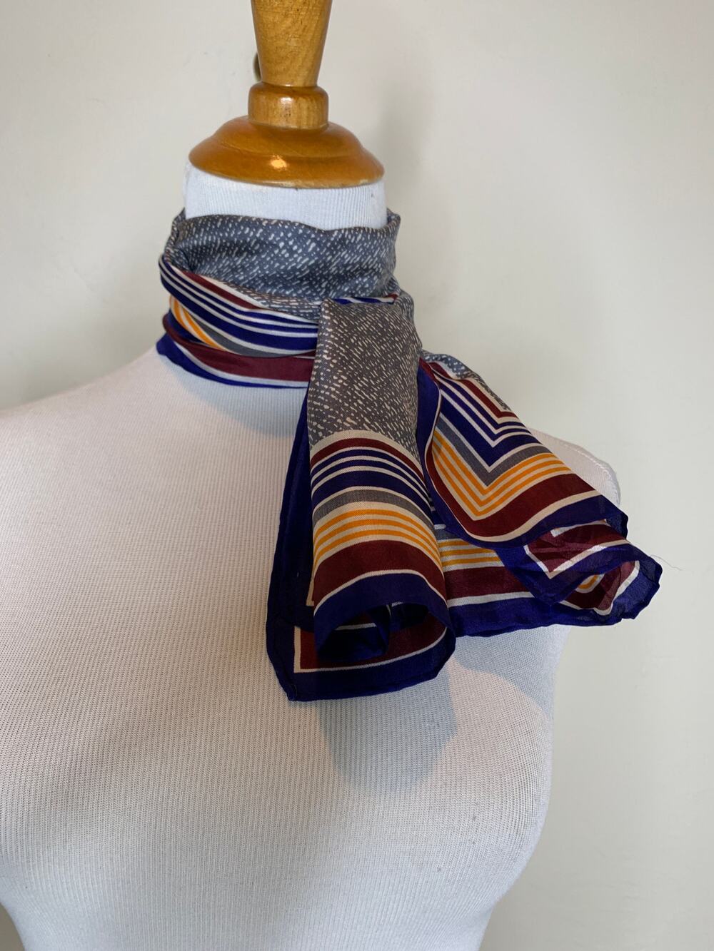 Vintage Silk Handrolled Hem Long Scarf Gray Blue Gold Burgundy